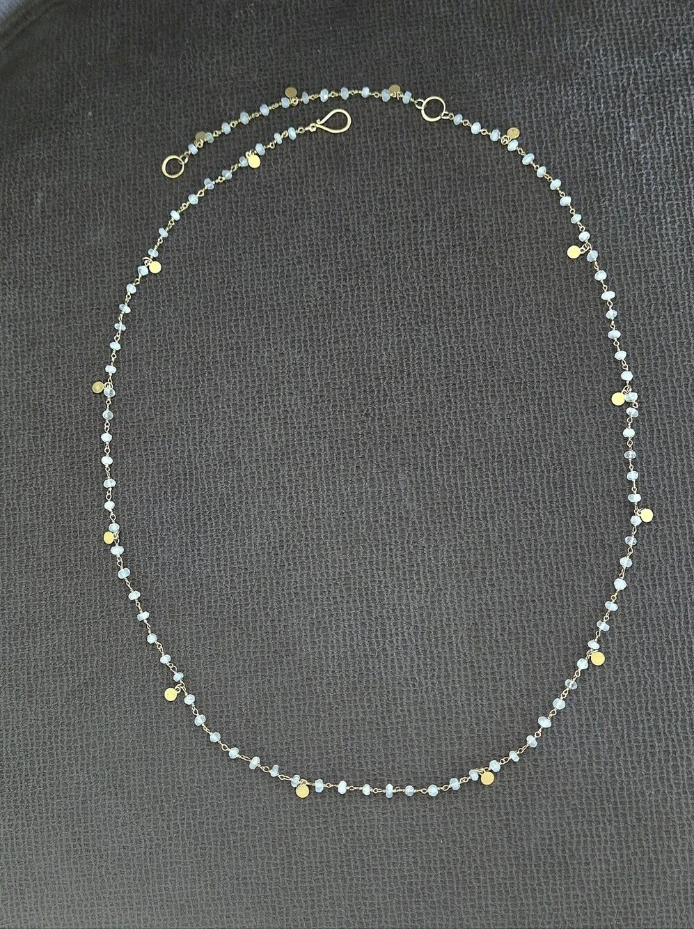 Long Necklace with Stationary Moonstone🌙 Beads and Brushed🖌 Gold💛 Paddles🏓 - Picture 15 of 16